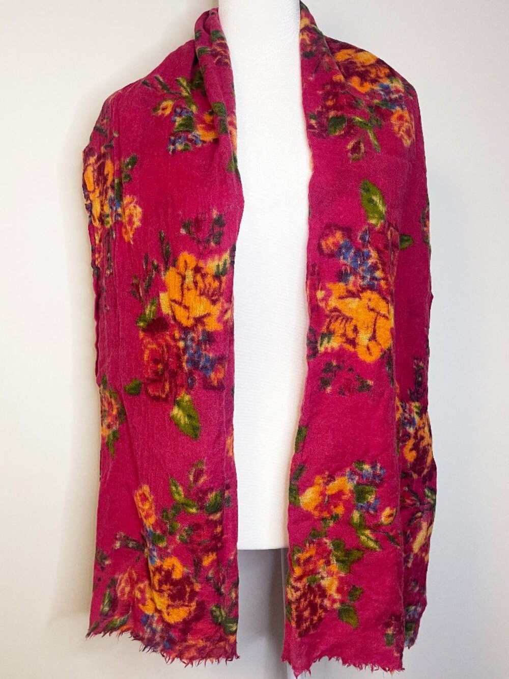 J. Jill 100% Wool Floral Scarf Fuchsia Pink Orange Lightweight Wrap Romantic